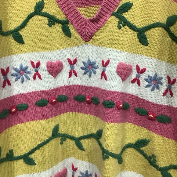 Vtg Styles To Go Deep V-Neck Chunky 3D Knit Sweater Striped Floral Heart Design - Picture 3 of 5